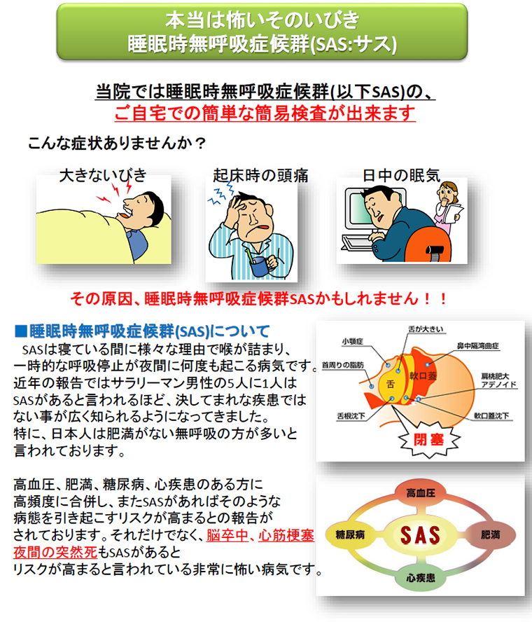 睡眠時無呼吸症候群(SAS)　ご自宅での簡易検査の案内